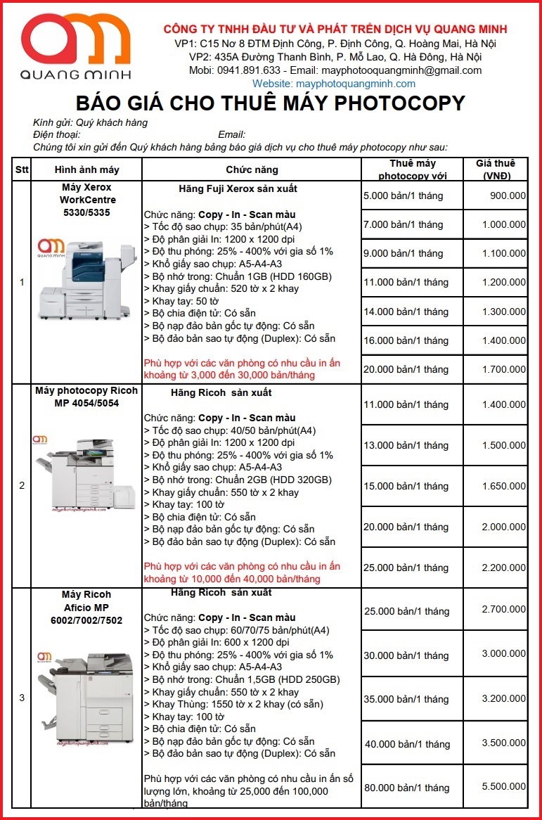 bảng báo giá dịch vụ thuê máy photocopy